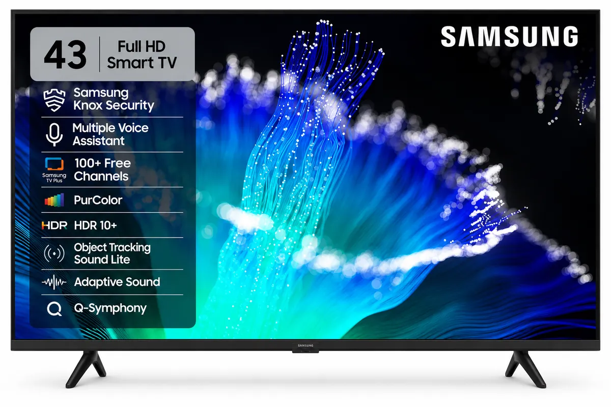 Samsung 108 cm (43 inch) Full HD LED Smart Tizen TV with Voice Assistance Remote Control| 100+ Free Channels HDR 10+ Support PurColor Samsung Knox Security Digital TunerObject Tracking Sound Lite Adaptive Sound Q-Symphony (UA43F5550FUXXL)