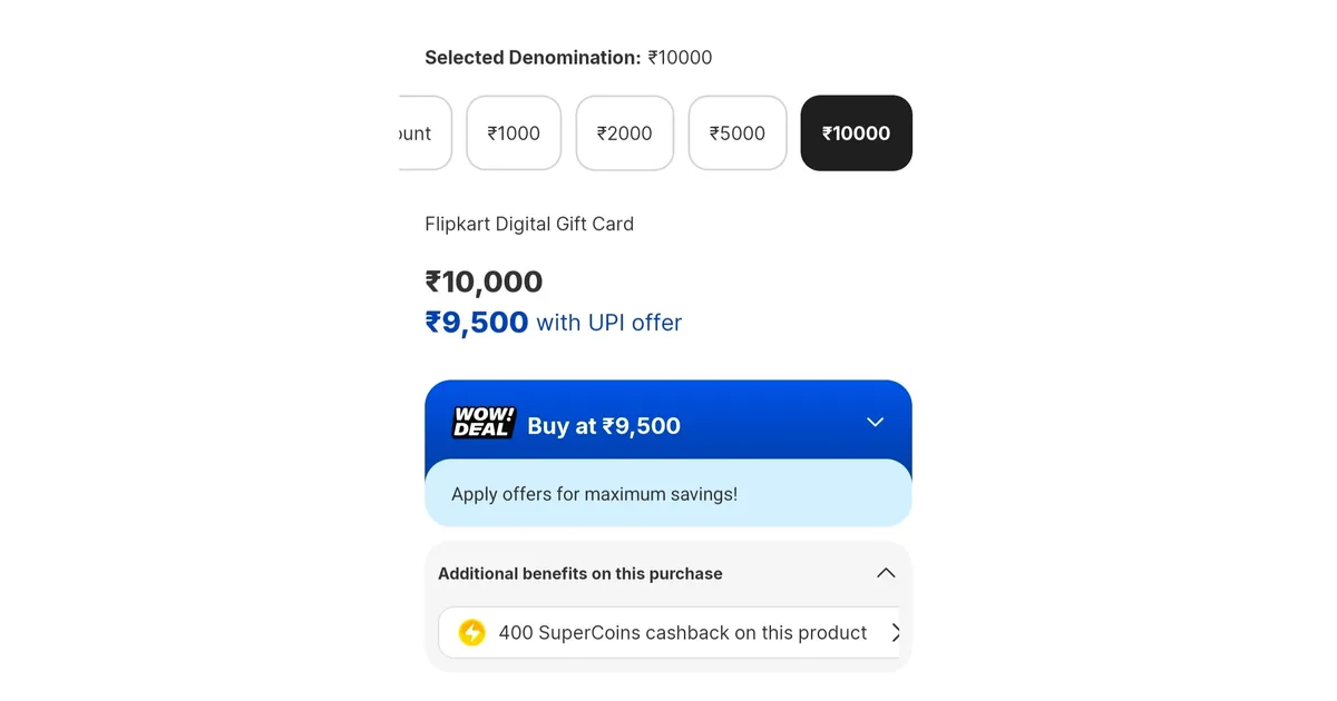 Flipkart Giftcard UPI Offer (10000 Giftcard @9500 +400 Supercoin Back)