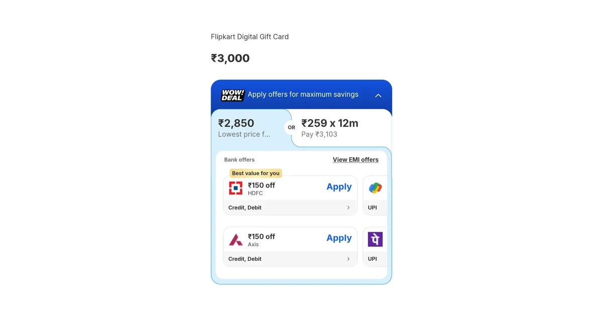 Flipkart Giftcard UPI / Credit-Debit Card Deal (3000 Giftcard @2850 +60 Supercoin Back)